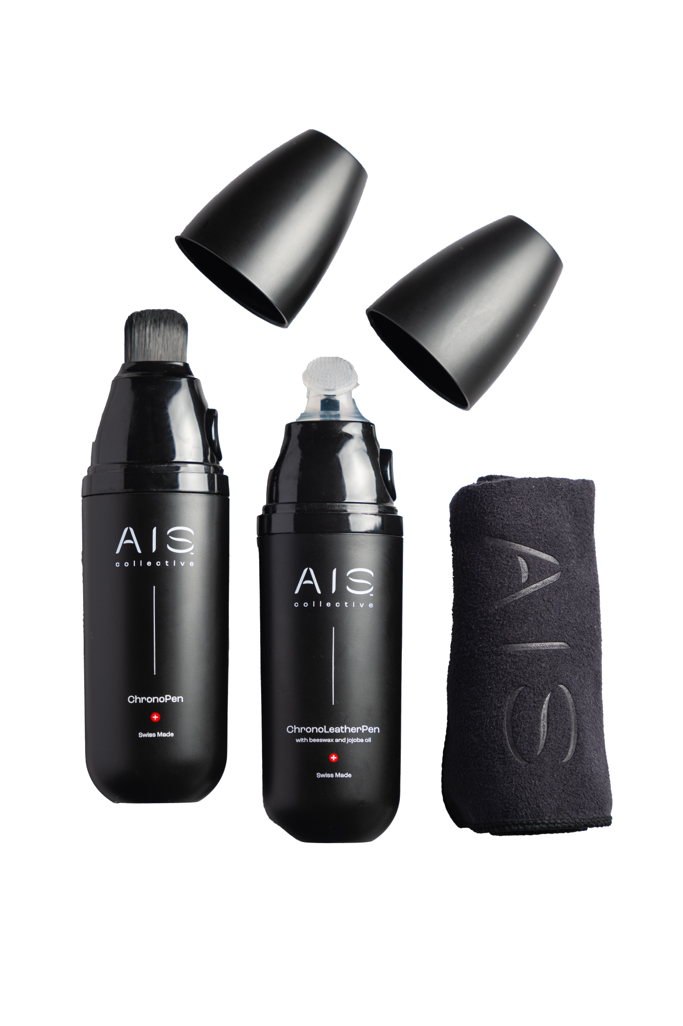 View of the AIS Collective Watch Care Kit on a white background, displaying the specialized cleaning brush heads and caps removed.