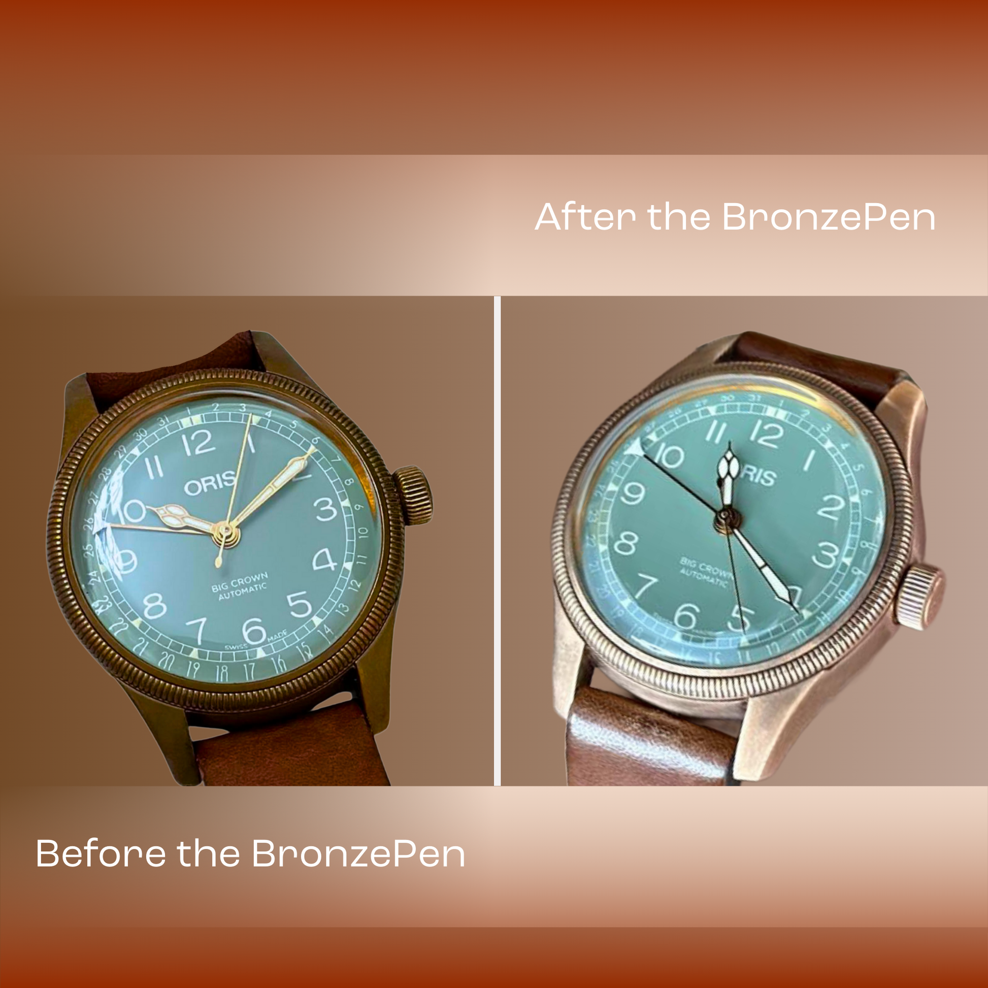 Before and after comparison of a bronze Oris watch, demonstrating how the BronzePen safely resets patina and restores luster.