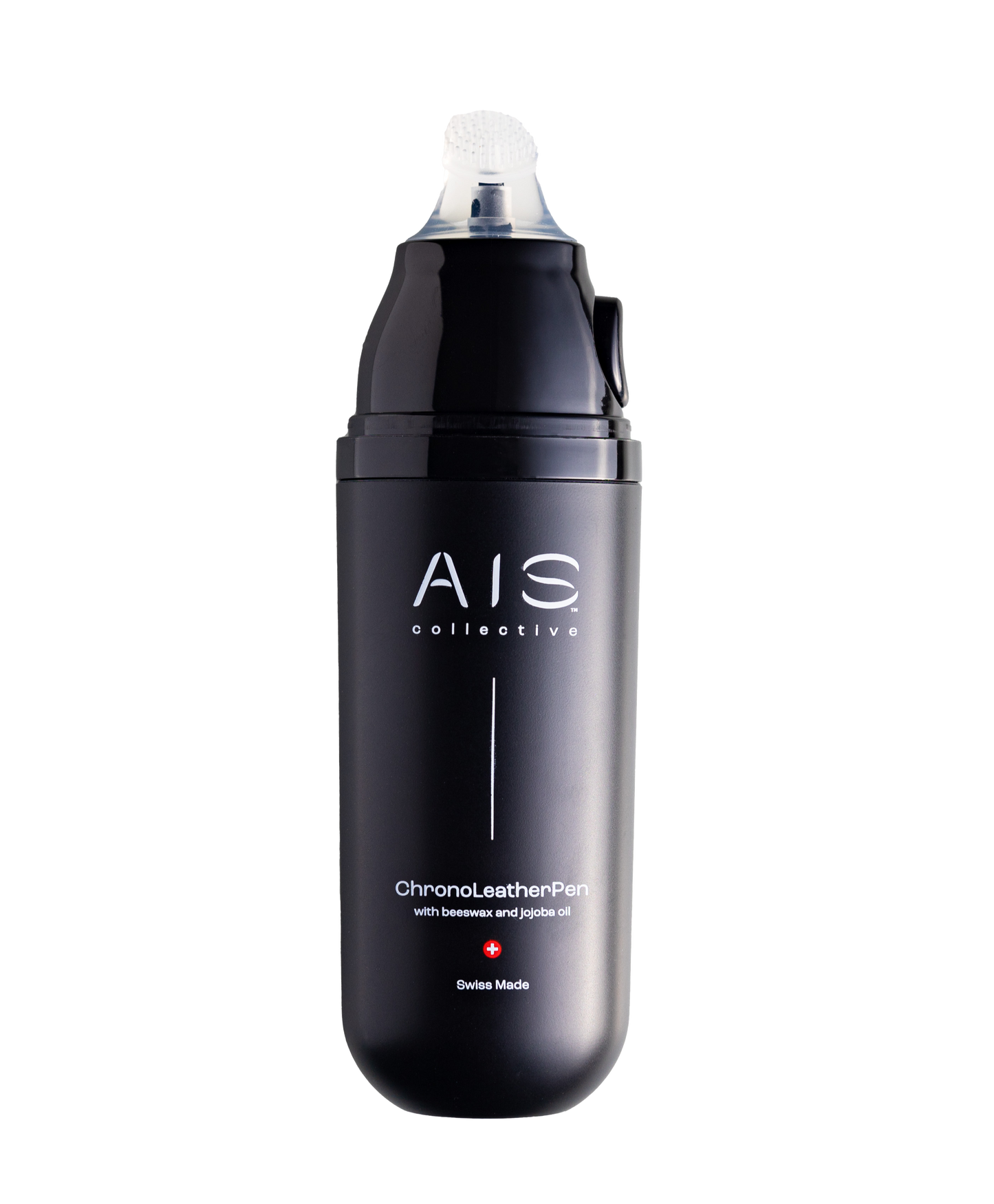 The ChronoLeatherPen by AIS Collective, with an open top, showing the integrated brush.