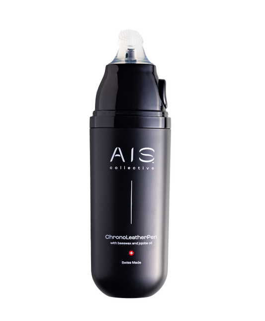 The ChronoLeatherPen by AIS Collective, with an open top, showing the integrated brush.