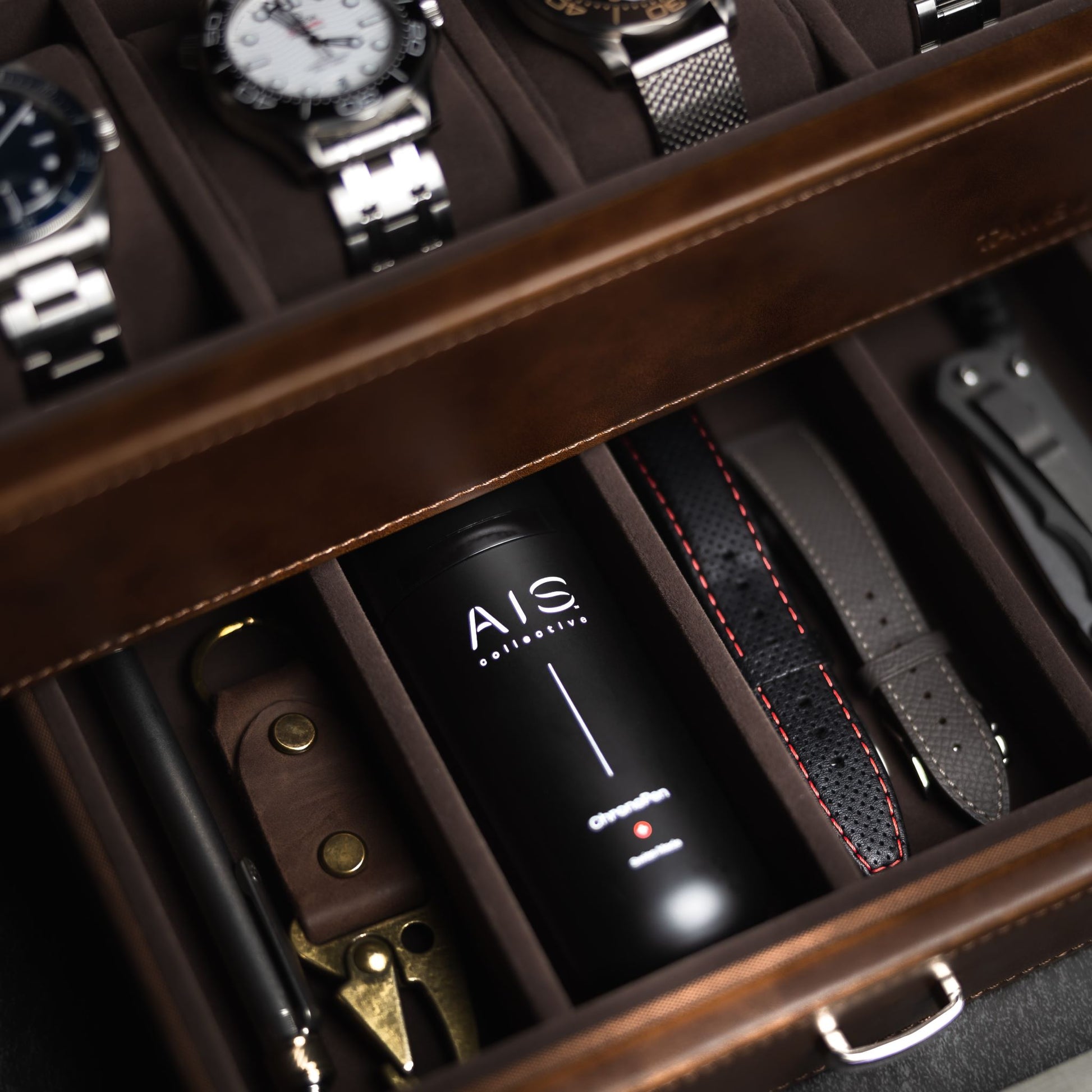 A watch collectors' luxury case with watches, premium leather straps and ChronoPen