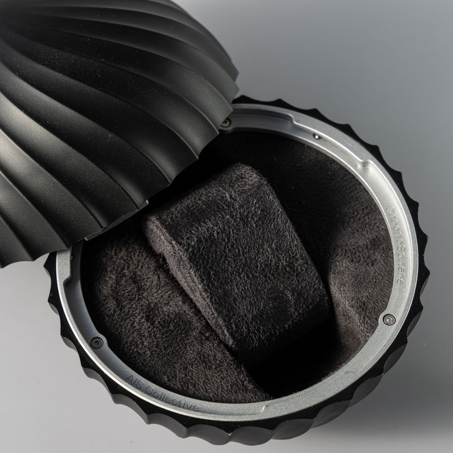 Open AIS Collective ChronoSphere watch display stand in the sleek Obsidian Black variant.