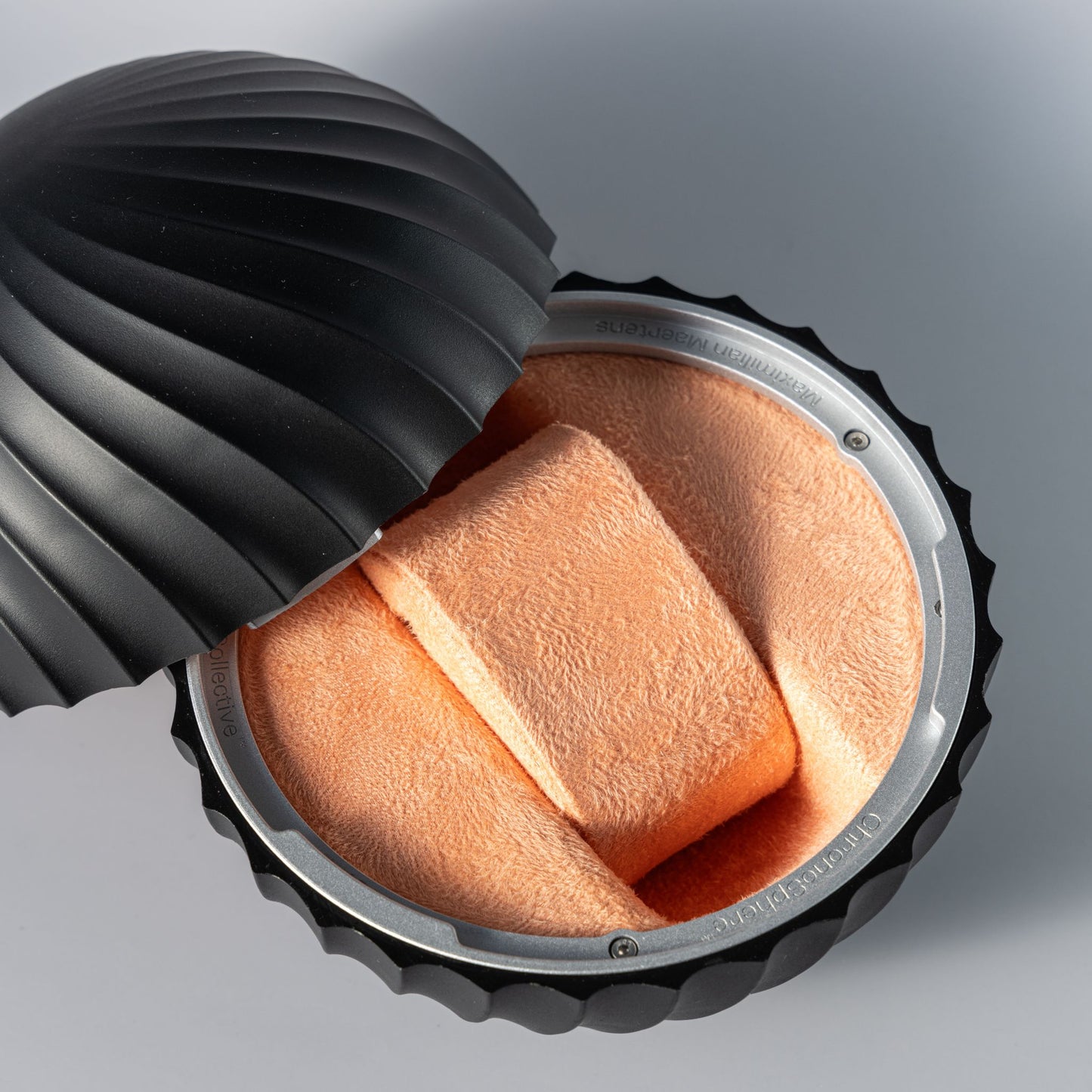 Open black ChronoSphere luxury watch storage case showing the premium Salmon cushion interior.