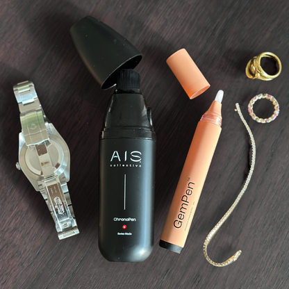 ChronoPen for watch cleaning and GemPen for jewellery cleaning with Rolex and various jewellery 