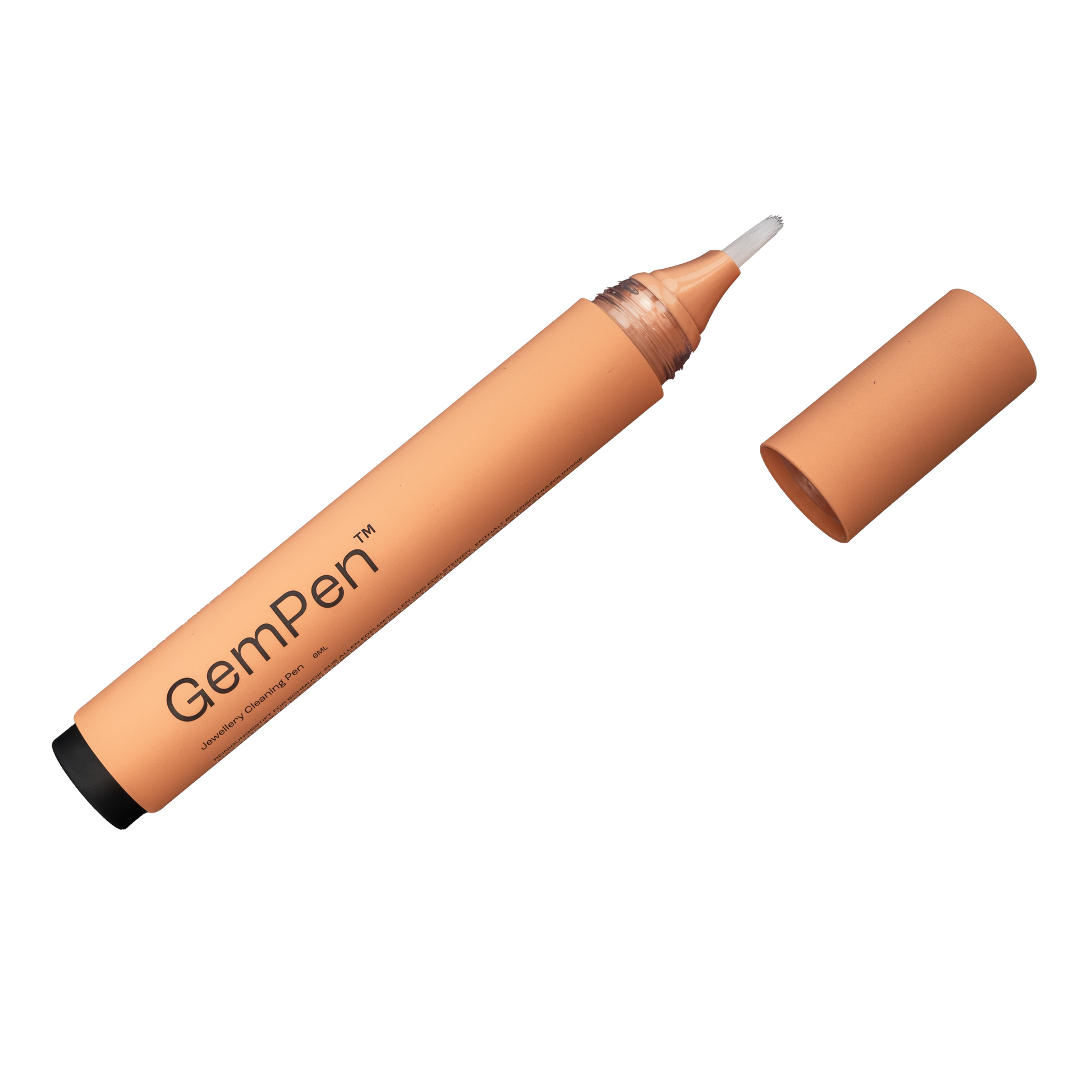 GemPen, the ultimate jewellery cleaning accessory, with an open cap, showing the soft brush, especially developed to reach every spot of fine jewellery