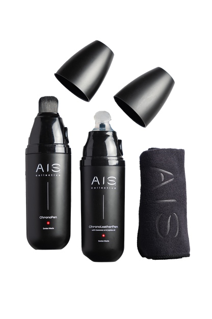 View of the AIS Collective Watch Care Kit on a white background, displaying the specialized cleaning brush heads and caps removed.