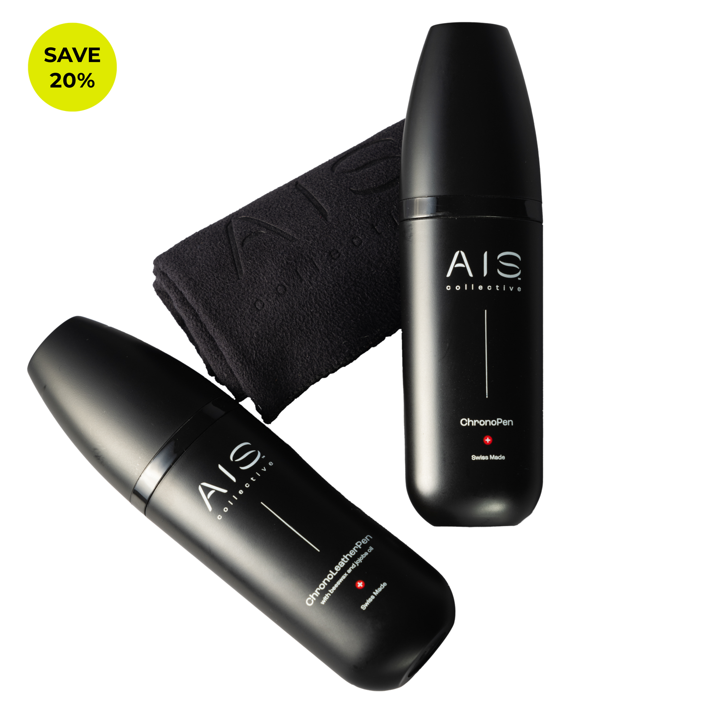 The complete Swiss-made Watch Care Kit by AIS Collective, featuring the ChronoPen cleaner, a leather care pen, and a black microfiber cloth.