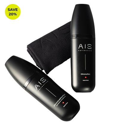 The complete Swiss-made Watch Care Kit by AIS Collective, featuring the ChronoPen cleaner, a leather care pen, and a black microfiber cloth.